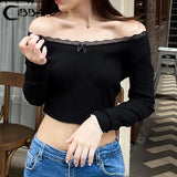 Cute Bow Black Slash Neck Crop Top Vintage 2000s Lace Patchwork Long Sleeve Basic T-shirt Women Casual Korean Fashion Tee-Outfit
