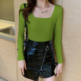 Fongt Square Collar Undershirt With The 2024 New Fall Tight Low Collar Long-Sleeved T-Shirt-Outfit