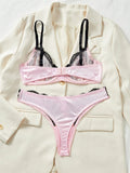 Pink Satin Black Lace Patchwork Lingerie Set-Outfit
