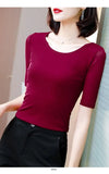 Thin Mesh T-shirts Women O-neck Half Sleeve Bottoming Tee Girls Solid Slim T shirts Tops For Female-Outfit
