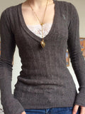 V-neck lace patchwork cable knit