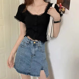 Fongt Salt Gentle Lace Short-Sleeved T-Shirt Knit New Comfortable Small High-Waist Short