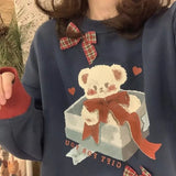Kawaii Korean Style Bear Cartoon Print Oversize Hoodies Women Blue Harajuku Cute Long Sleeve Pullover Female