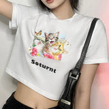 Cute Fruit Print T-Shirt Women O Neck Short Sleeve Crop Top Summer Casual Basic White Tee Korean Streetwear New
