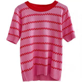 Fongt Ice Silk Striped Knitted Short-Sleeved T-Shirt For Women's 2023 Summer New High-Waisted Loose Bubble Sleeve Short