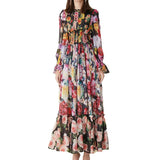 Runway Autumn Long Sleeve Maxi Dress Women's elastic Waist Floral Print Elegant Party Holiday Long