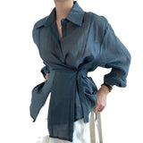 Fongt Chic Simple Temperament Lapel Single Breasted Irregular Tie With Waist Thin Long Sleeve Anti-Sai Shirt Jacket-Outfit