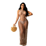Fongt New Women's Wear Sexy Solid Color Knitted Beach Dress-Outfit