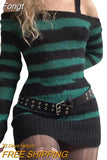 Dress Off Shoulder Punk Gothic Witchy Clothes Women Striped Long Sleeve Knitted Dress y2k Dark Academia