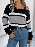 Shooting Autumn And Winter Casual Striped Striped Lantern Sleeve Metal Buckle Shoulder Cover Sweater Women's