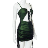 Women Sexy Black Mesh Patchwork Bodycon Mini Dress Spaghetti Strap Cut Out Green Dress Lace Up Ruched Slim UK Robe 2021