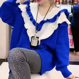 Solid Color Ruffles Spliced Sweaters Women's Clothing Korean Long Sleeve Autumn Winter Elegant V-Neck Knitted Jumpers-Outfit