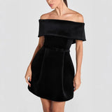 Velvet Off Shoulder Solid Mini Dress-Outfit