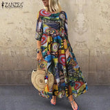 Summer Dress Women Vintage Vestidos ZANZEA 2022 Pleated Printed Long Maxi Dresses Tunic Party Femme 3/4