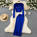 Fongt Fragrant High-Sense Metal Buckle Repair Short Long-Sleeved Knitting Top Female High-Waisted Hip Skirt Two