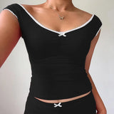 Trend Sweet And Spicy Style Small Sexy V-Collar Bow Splicing Color Slimming Vest T-Shirt 2024 Spring / Summer New Style-Outfit