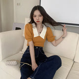 Fongt Retro Bubble Sleeve Knitted T-Shirt Women Design Small Short Top Summer New Ice T-Shirt