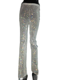 See Through Shiny Rhinestone Pants Women Hollow Out Fishnet High Waist Elastic Floor Length Pant Rave Nightclub