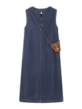 Fongt Temperament Vintage Cowboy Round-Neck Korean Dress Summer Small Gentle, Sleeveless Loose Thin Denim Long Dress Girl