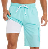 Pants Solid Color Multi-Pocket Fake Two Double-Layer Overalls Five-Point Fitness Running Leisure Sports Shorts-Outfit