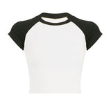 Fongt Color Thread Rotator Sleeve T-Shirt Women's Short Crop Tight Thin Shirt Short Sleeve