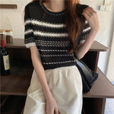 Kong Flavor Retro Chic Striped Shoulder Short Sleeve T-Shirt Girls Summer Thin Retro Thin Ice Silk Knitted Shirt