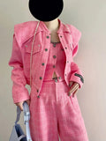 Spring New Small Fragrance 3 Piece Set For Women Tweed Jacket Blazer Coat Single Breasted Vest High Waist Wide Leg