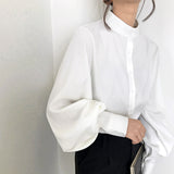 Sense Niche 2023 Spring Grinding Hair Loose Show Thin Stand Collar Lantern Sleeve Foreign Style Long Sleeve Shirt-Outfit