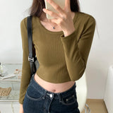 Solid Color Long-Sleeved T-Shirt Women's Early Autumn New Short Style Slim U-Tie Bottom Shirt With A Hundred Collarbone Blouse-Outfit