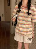 Fongt Striped Round Collar Short-Sleeved T-Shirt New 2024 Women's Summer Korean Version Loose Show Slim Student Top