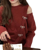 Fongt New Year Red Sweater Female 2024 New Korean Version Loose Sweet Bow Knot Pin Button Round Collar Top-Outfit