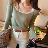 Fongt Versatile Top Retro Square-Neck Long-Sleeve Undershirt With White Loose Sweater Six Wool Sweater-Outfit