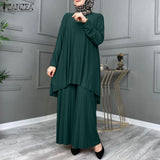 ZANZEA Women Muslim Sets Islamic Clothing Plain Suits Morocco Turkish Pleated Full Sleeve Tops Wide Legs Long Pants