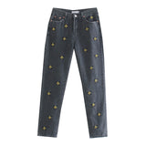 Vintage Flower Embroidery Basic Jeans Women Streetwear High Waist Stretch Pants Joggers Trousers Fashion