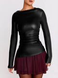 Faux Leather Long Sleeve Ruched Top-Outfit