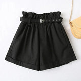 Women Elegant Solid High Waist Shorts with Belt Pockets Female Retro Basic Casual Shorts Pantalones