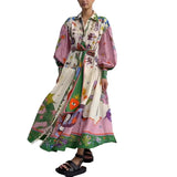 Fongt Women's Wear 2024 New Casual Personality Print V-Tie With Waist Long Sleeve Winter Dress