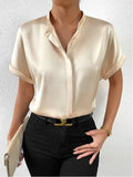 Women's Dress Solid Color Satin Short-Sleeved Shirt With Shoulder Collar Short-Sleeved Shirt Satin Shirt-Outfit