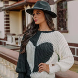 Women Heart Print Sweaters Hollow Out Design See Through O-Neck Long Lantern Sleeve Spring Autumn Casual Loose Knitted