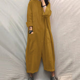 New Women Oversized Jumpsuit Female Loose Baggy Long Romper Simple Pockets Overalls Casual Solid Stand Collar Jumpsuits-Outfit