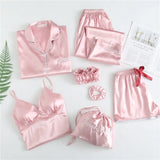 Spring 7 Pieces Set Silk Elegant Women Pajamas stripe Shorts Long Sleeve Tops Elastic Waist Pants Full Lounge