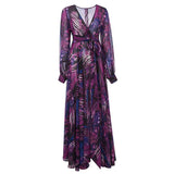 Fongt Spring Summer New Women's Dress V Collar Lantern Sleeve Red Leaf Print