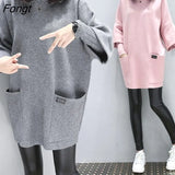 Autumn Winter Pulse Size Cotton Sweatshirts Loose Drop Sleeve X-long O-Neck Female Pockets Decoration Two Fake
