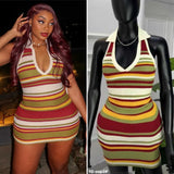 Fongt Spring And Summer Color Striped Knitted Dress Collar Hanging Neck V Collar Bodyed And Hip Dress Bare Back