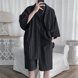 Summer Men Set Shirts and Shorts Lightweight Letter Striped Half Sleeve Knee-Length Baggy Short Oversize Suit Clothing