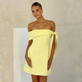 Yellow Off Shoulder Tie Up Mini Dress-Outfit