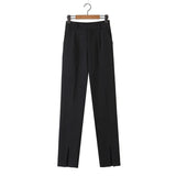 Fashion Women Black Front Open Suit Pants Trousers Pockets Buttons Office Lady Pants Pantalon