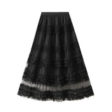 Fongt Heavy Industry Lace Cake Skirt Long Skirt Sweet Wind High Waist Wood Ear Net Yarn Skirt 1276
