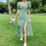 Floral Bohemia Dress Women French Style Chiffon Split Fairy Dress Female Sexy Elegant Beach Boho Korean Dress 2023