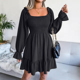 Temperament Pleated Long Flared Cape Sleeve Mid-length Skirt O-neck Slit Back Stretch Dress
